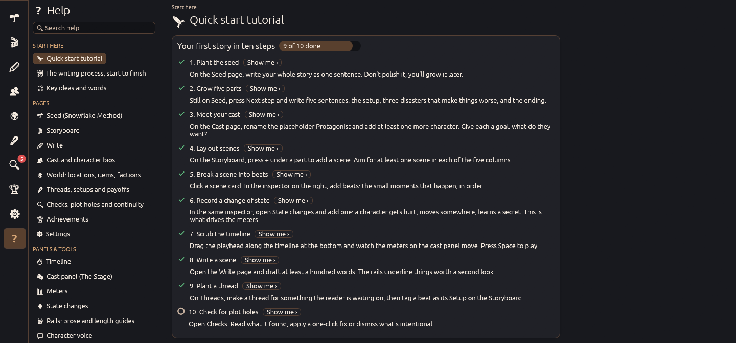 The built-in Help page with a searchable topic list and self-checking quick start tutorial for the sample story.